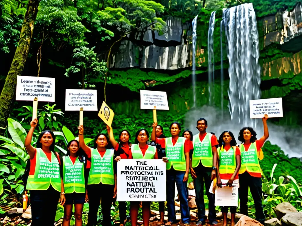 Un grupo de activistas ambientales, con chalecos verdes, defiende la protección de los hábitats naturales frente a una exuberante selva