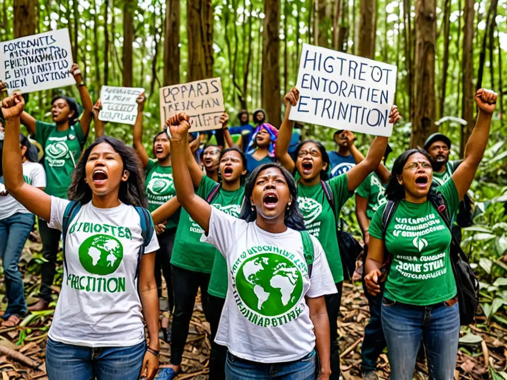 Un grupo de activistas ambientales en la frontera de un exuberante bosque, levantando pancartas y cantando consignas por el derecho ambiental