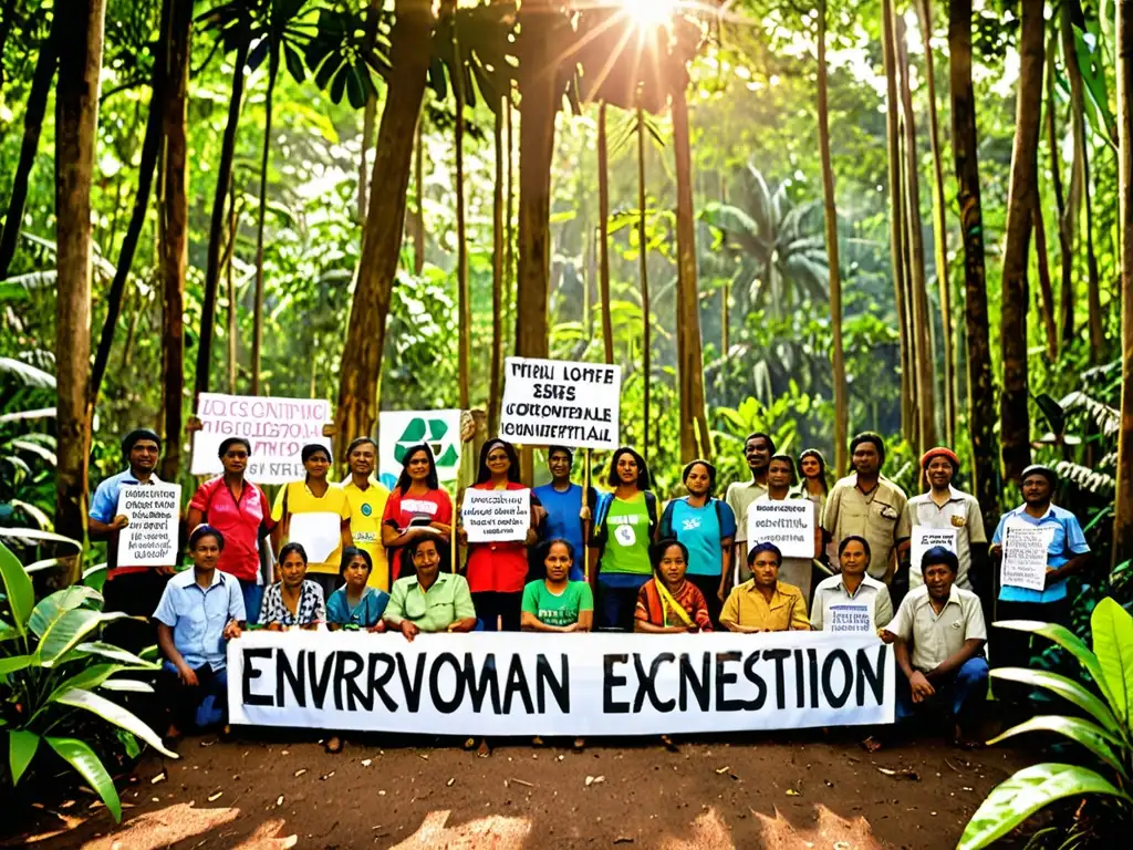 Un grupo de activistas ambientales de diversas organizaciones no gubernamentales se reúnen frente a un exuberante y vasto bosque lluvioso