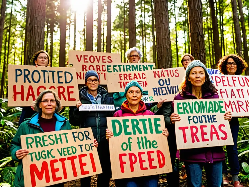 Un grupo de activistas ambientales sostiene pancartas con mensajes poderosos en un bosque biodiverso