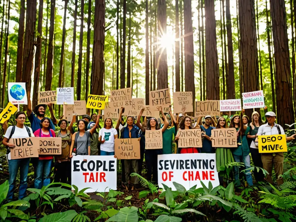 Grupo de activistas ambientales sosteniendo pancartas en un bosque exuberante