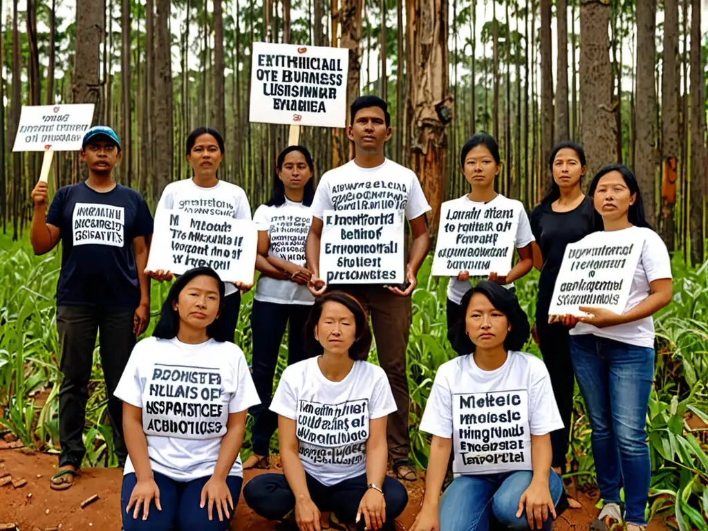 Grupo de activistas ambientales en zona deforestada, sosteniendo pancartas sobre compromiso ético de empresas en legislación ambiental