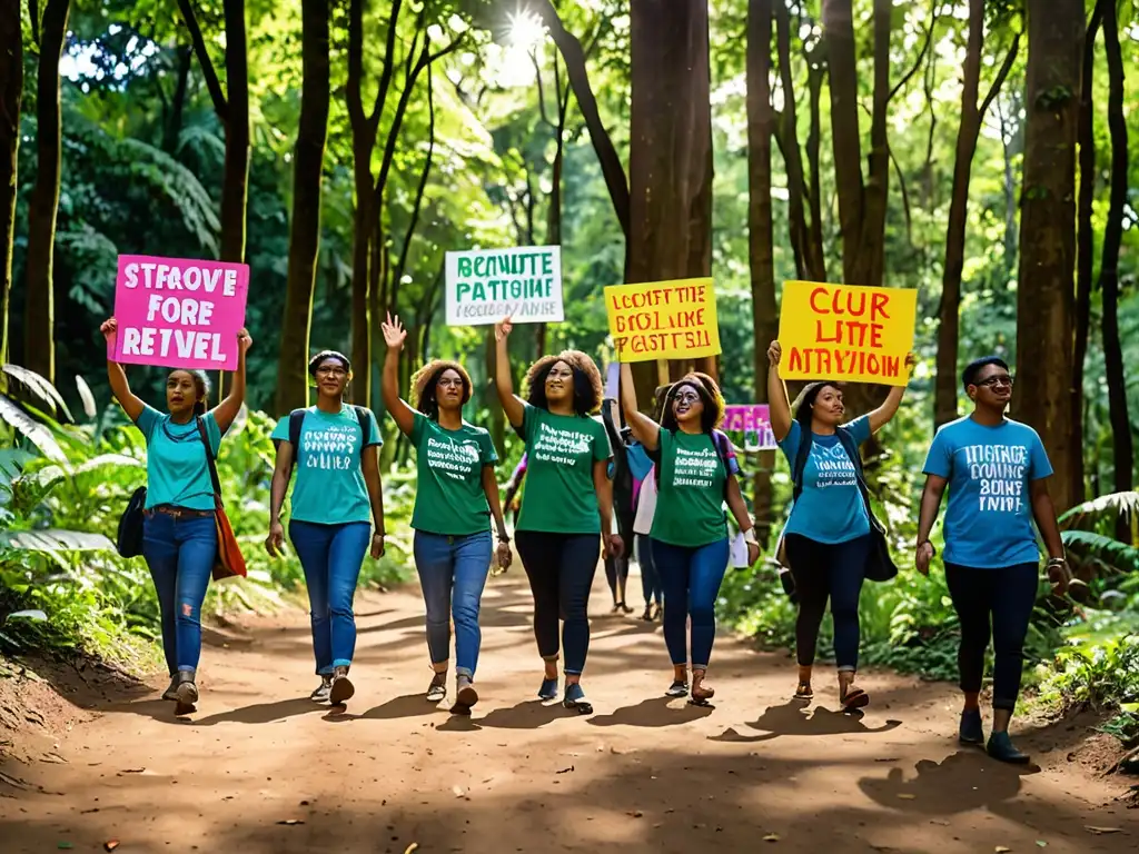 Un grupo de activistas apasionados marcha por el bosque, sosteniendo pancartas coloridas y transmitiendo un mensaje de unidad y propósito