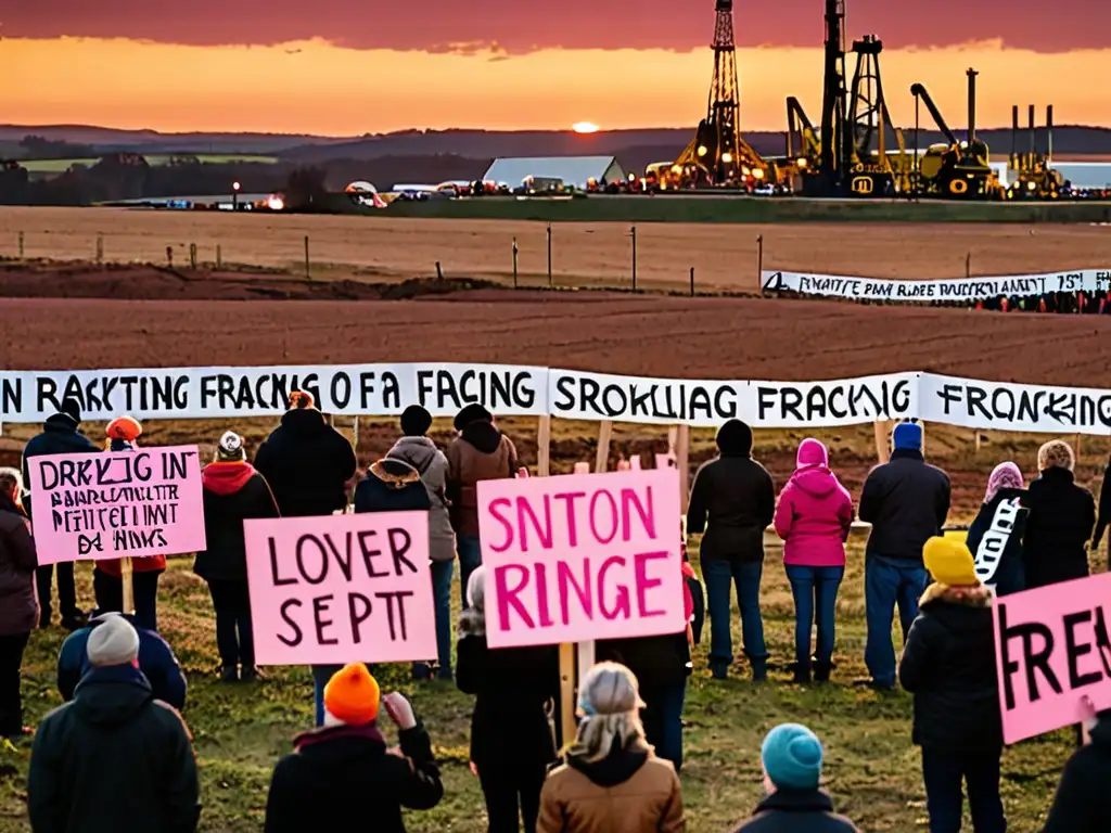 Grupo de activistas se manifiestan al atardecer en un sitio de fracking, expresando preocupación por los riesgos y controversias del fracking