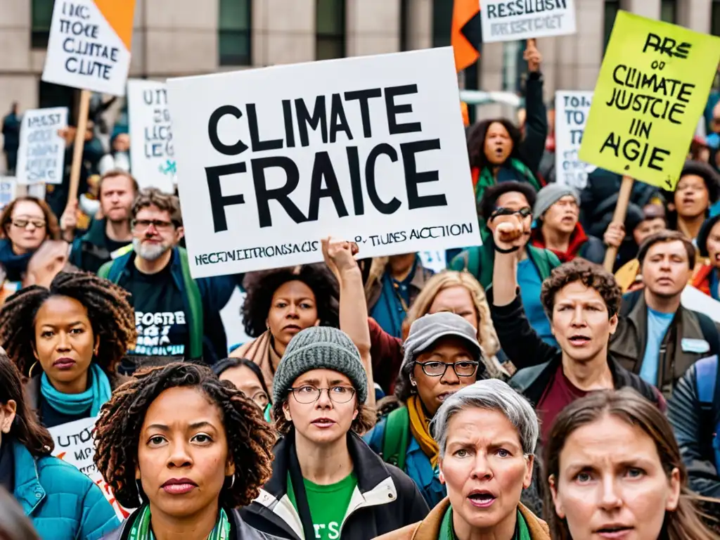 Grupo de activistas del clima con pancartas en la ciudad, representando el litigio climático precedente legal con determinación y pasión