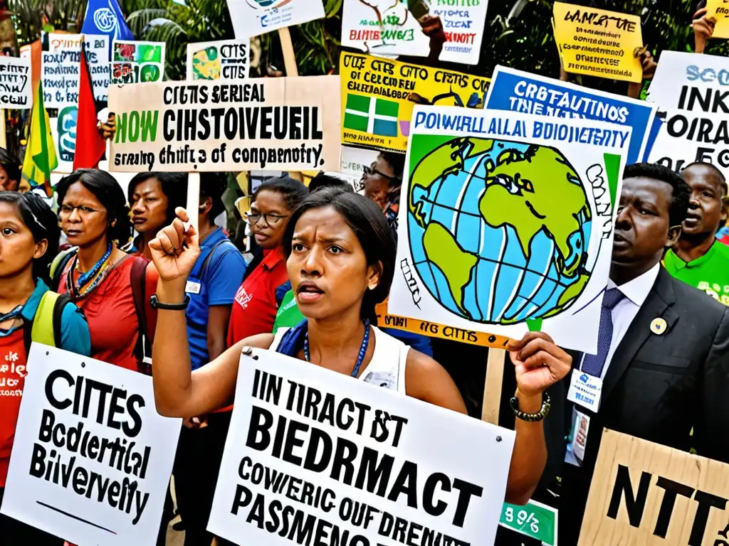 Un grupo de activistas protesta en una conferencia de CITES, expresando el impacto de CITES en la biodiversidad mundial