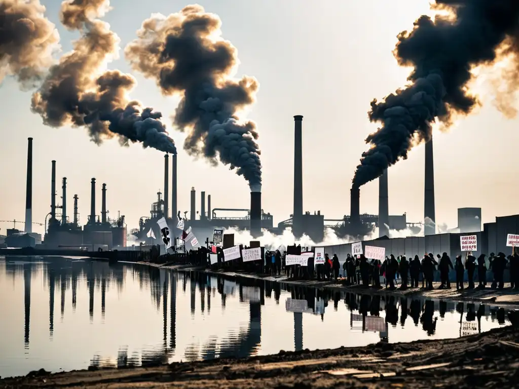 Un grupo de activistas defiende el derecho ambiental y cadenas globales, contrastando con la contaminación industrial