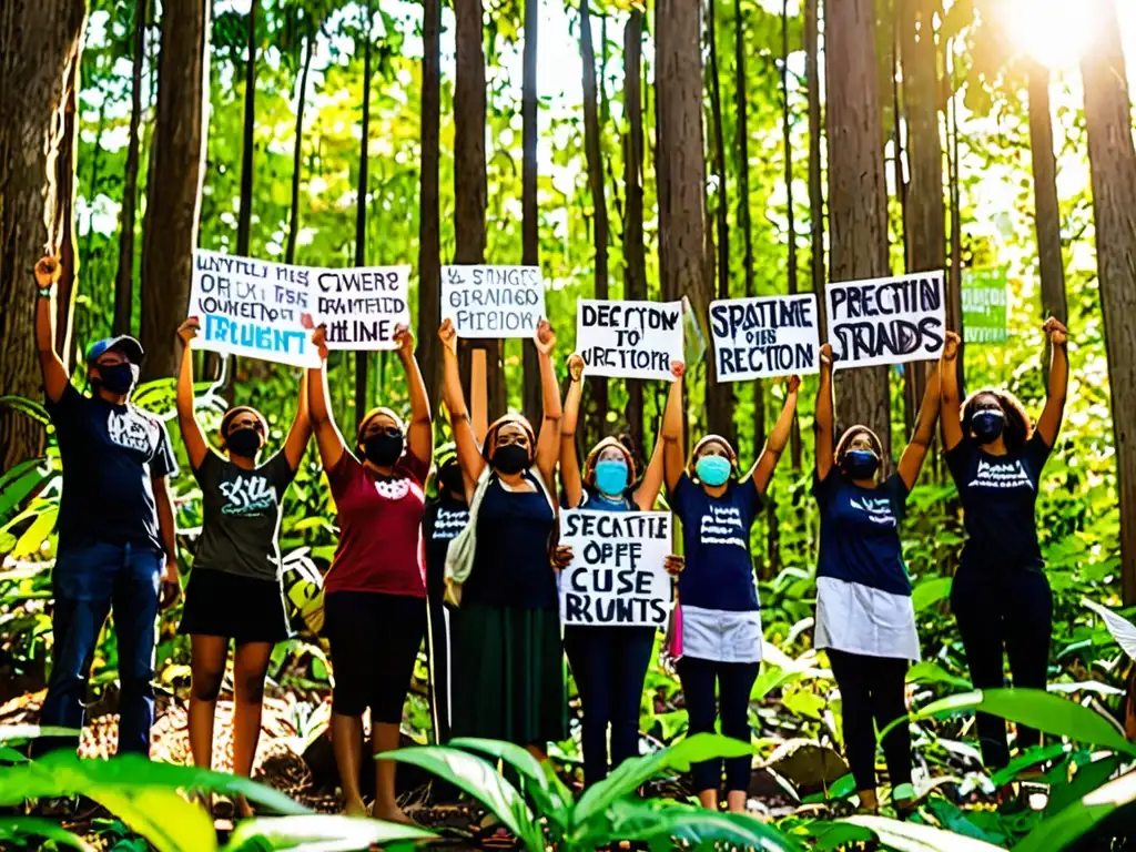 Un grupo de activistas de derechos humanos y medio ambiente sostiene carteles en un bosque exuberante, la luz del sol ilumina sus rostros determinados