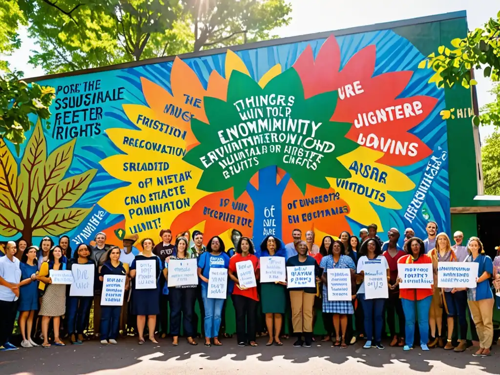 Un grupo de activistas de derechos humanos y medio ambiente frente a un mural vibrante y comprometido