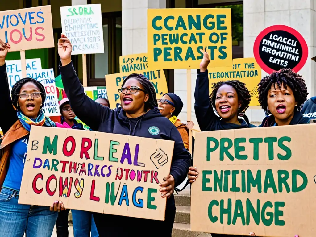 Un grupo de activistas diverso muestra pancartas de protesta ambiental frente a un edificio gubernamental, transmitiendo determinación y unidad en su activismo ambiental por la legislación local