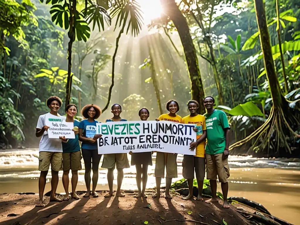 Un grupo de activistas diversos se unen en frente de un exuberante bosque tropical, sosteniendo carteles por los derechos humanos y el medio ambiente