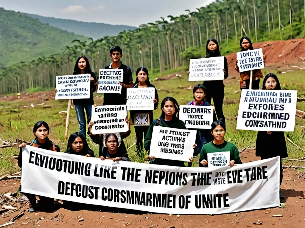 Un grupo de activistas se paran frente a una zona deforestada, mostrando determinación y pasión por el derecho ambiental