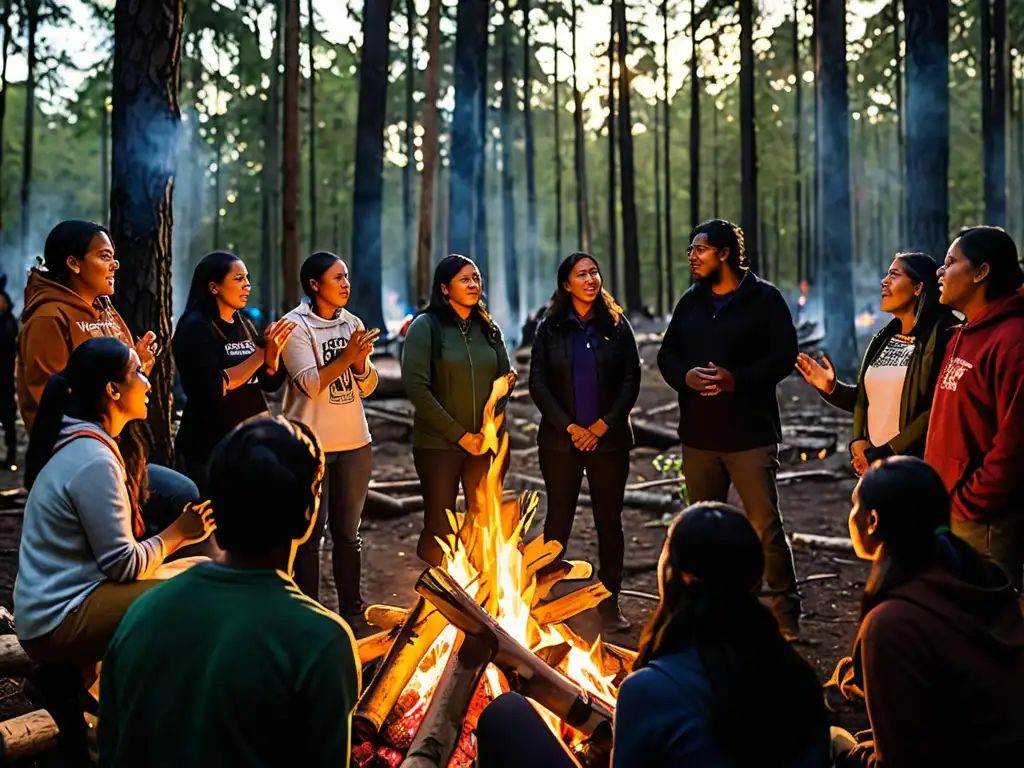 Un grupo de activistas indígenas y ambientalistas se reúnen alrededor de una fogata, debatiendo apasionadamente sobre los derechos animales y legislación ambiental, iluminados por el cálido resplandor del fuego en medio de un bosque biodiverso