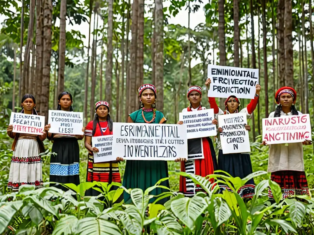 Grupo de activistas indígenas luchando por la legislación ambiental en zonas de conflicto, frente a exuberante bosque verde