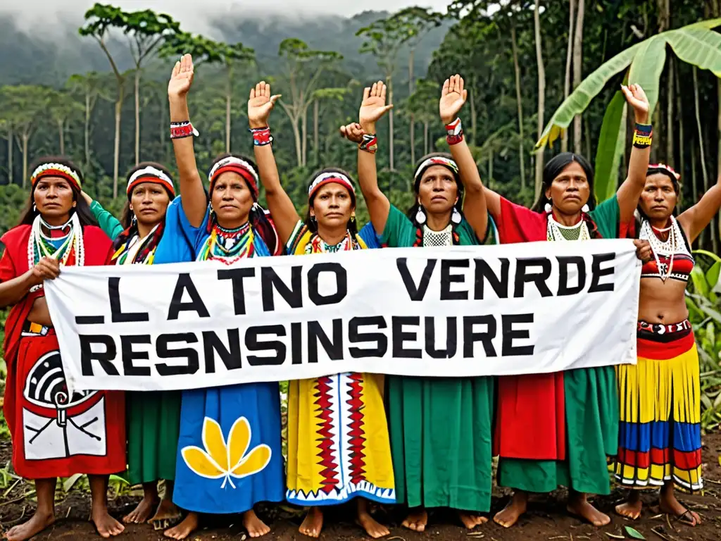 Un grupo de activistas indígenas se unen en resistencia en la selva amazónica, sosteniendo un cartel con la frase 'La Tierra No Se Vende'