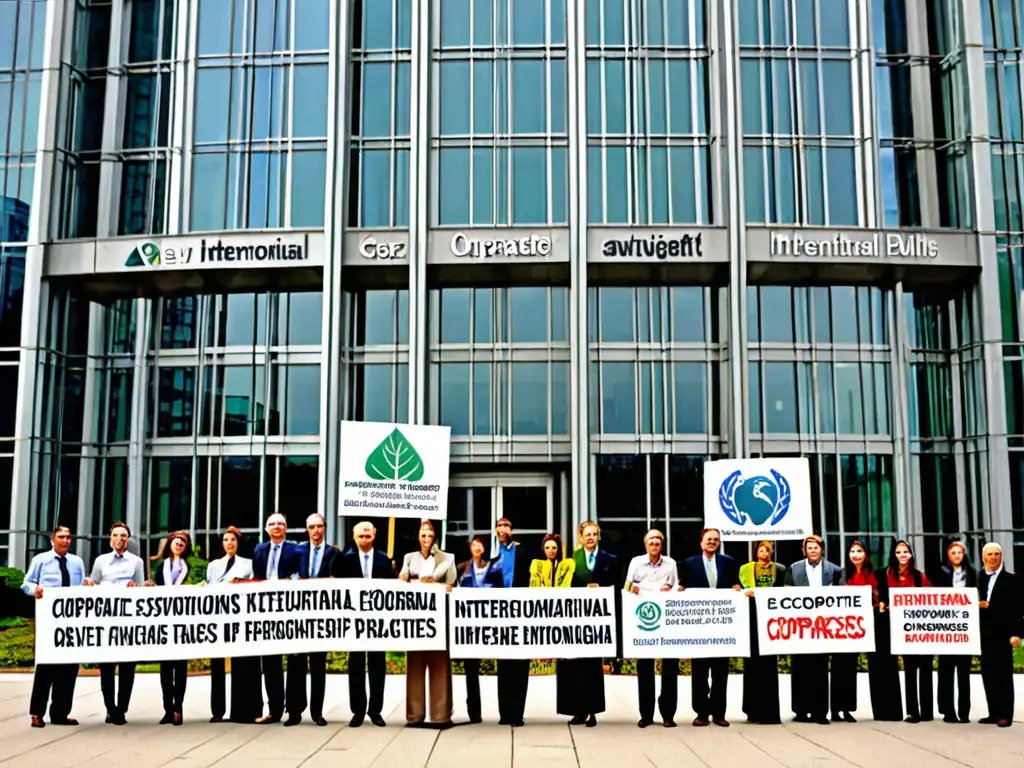 Un grupo de activistas internacionales frente a un edificio corporativo, abogando por una 'Regulación ambiental corporativa internacional'