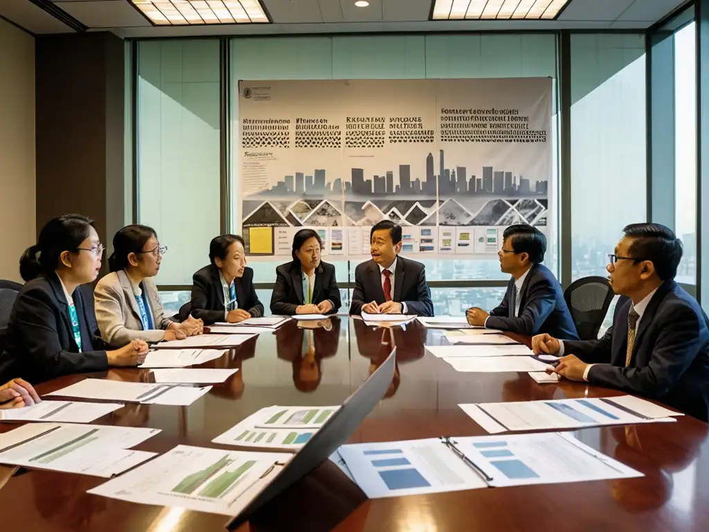 Grupo de activistas y legisladores debaten legislación ambiental en Asia en sala con documentos y gráficos, con determinación