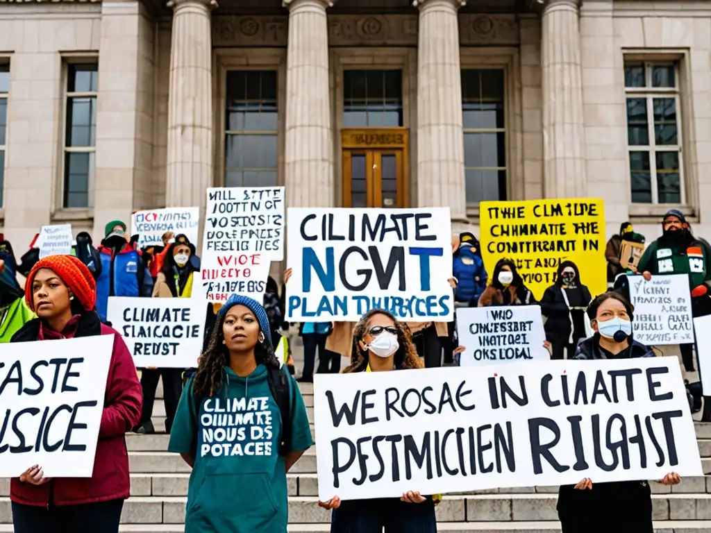 Grupo de activistas abogando por movimientos sociales justicia climática frente a un edificio gubernamental, con determinación y pasión en sus ojos, resaltando la urgencia de su causa