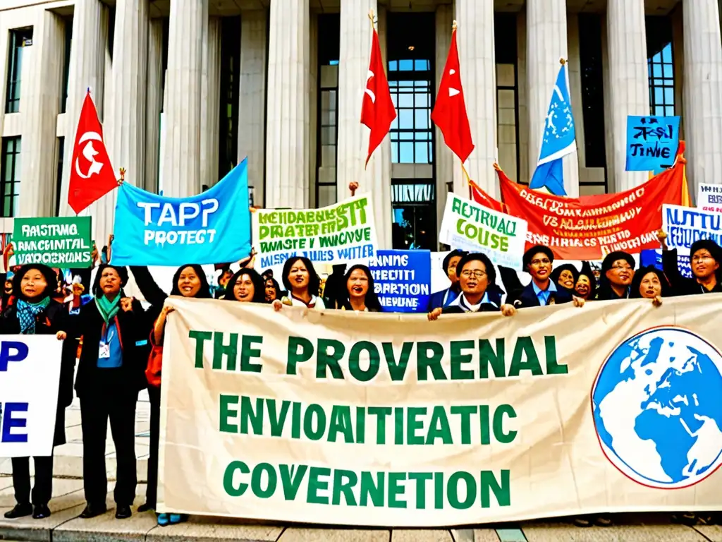 Un grupo de activistas sostiene pancartas coloridas en una protesta por la protección ambiental en el TPP, mostrando pasión y determinación