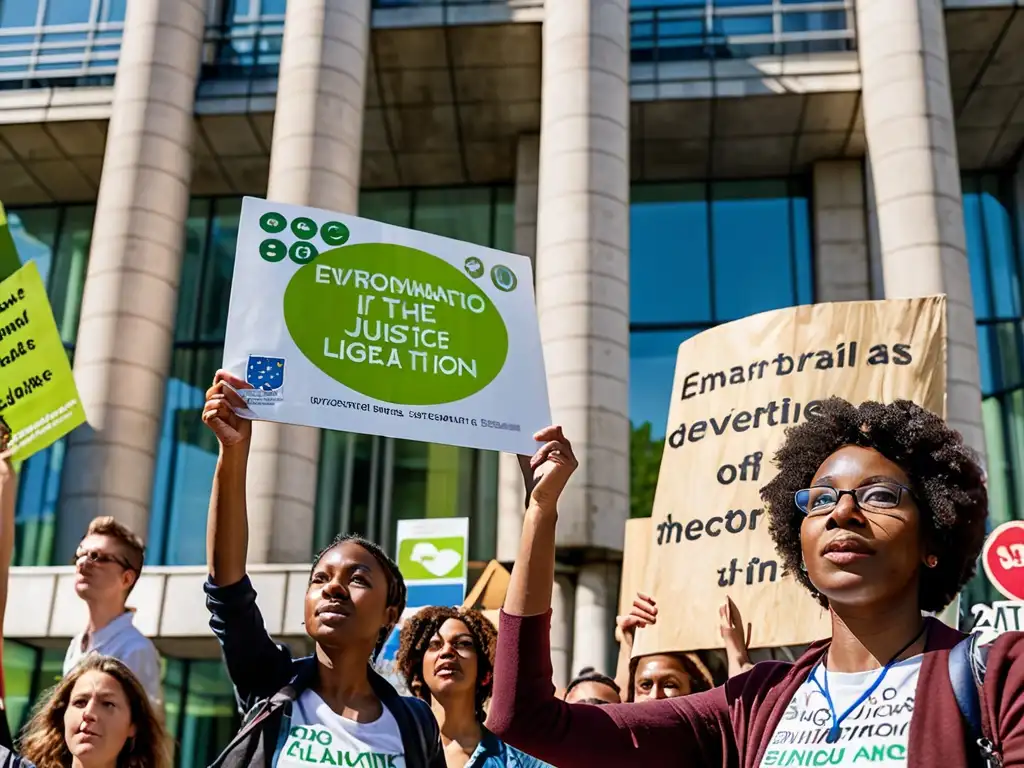 Un grupo de activistas sostiene pancartas con lemas por la importancia de la justicia ambiental frente a un edificio gubernamental europeo