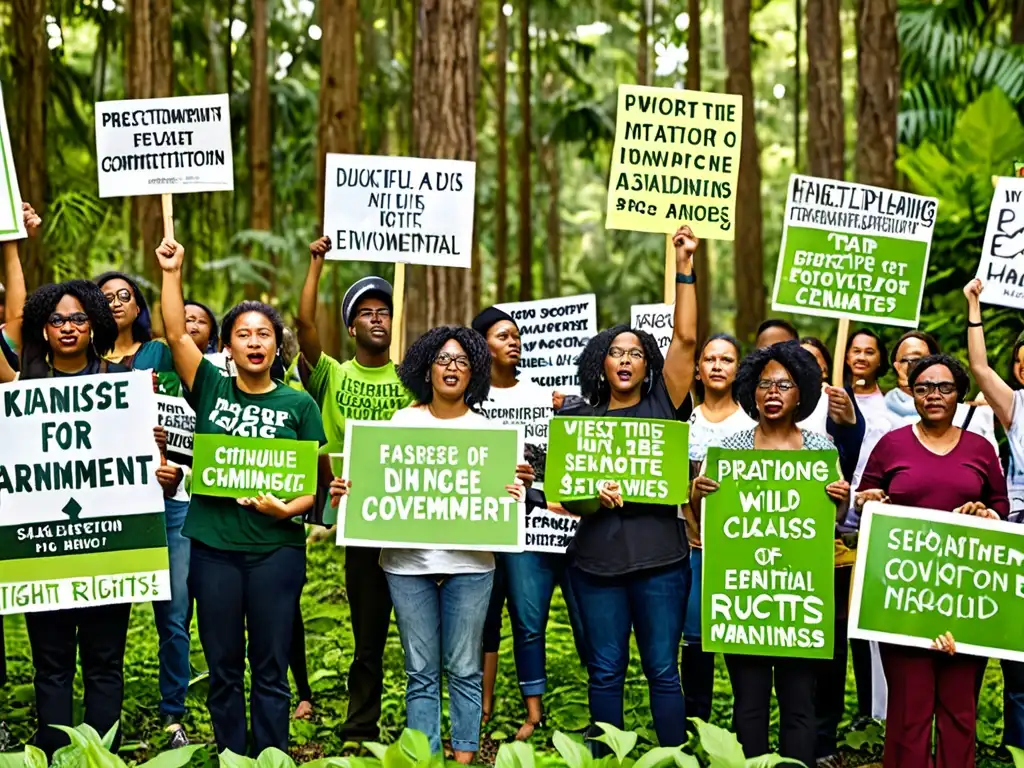 Un grupo de activistas diversos sostiene pancartas con mensajes ambientales frente a un bosque exuberante en una demostración pacífica