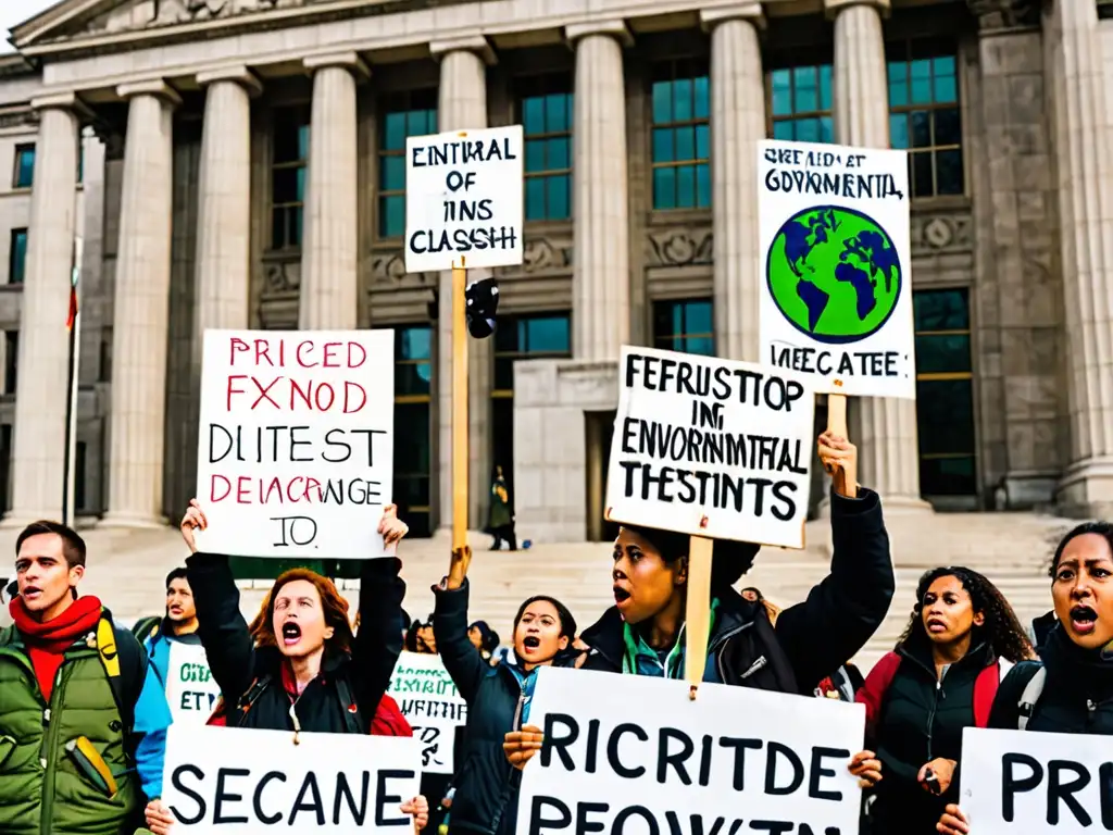 Grupo de activistas en protesta por la legislación local ambiental, expresando determinación y pasión frente a un edificio gubernamental