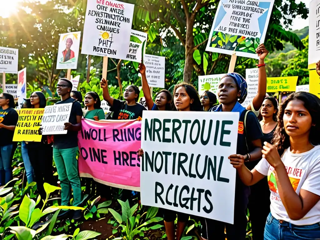 Un grupo de activistas se reúne en una protesta pacífica, rodeados de exuberante naturaleza