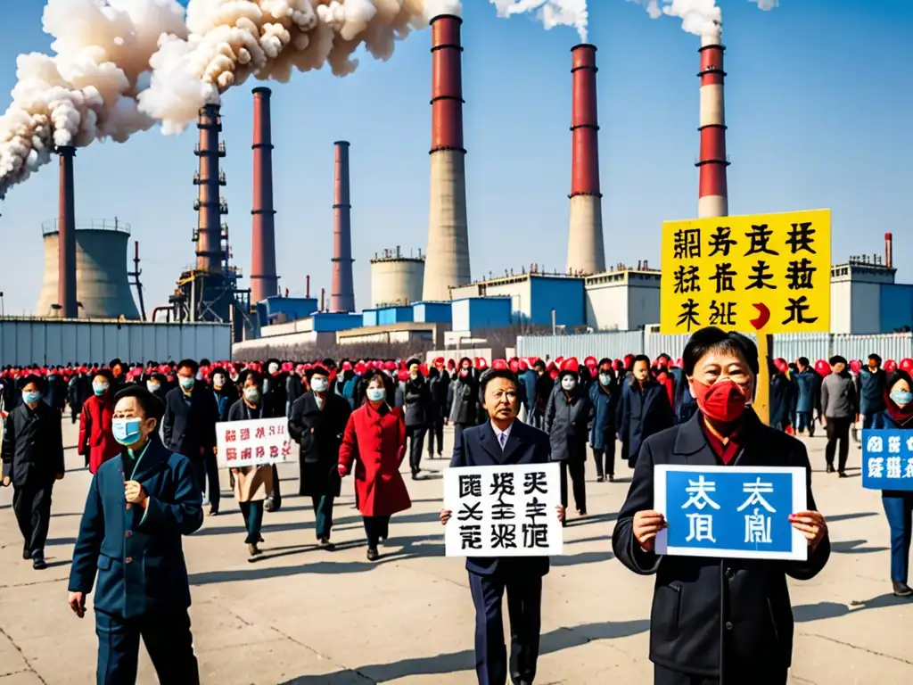 Un grupo de activistas protesta en una zona industrial china, con humo en el aire y un cielo azul claro de fondo