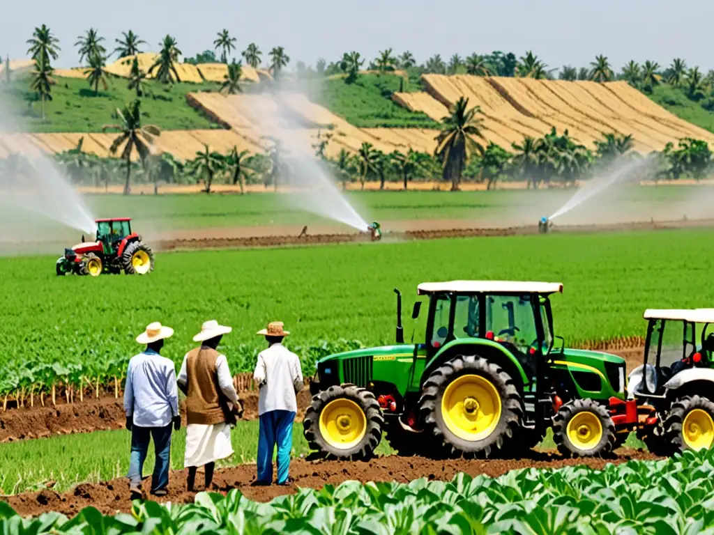 Grupo de agricultores adaptándose al cambio climático con prácticas modernas y legislativas, destacando la agricultura resiliente