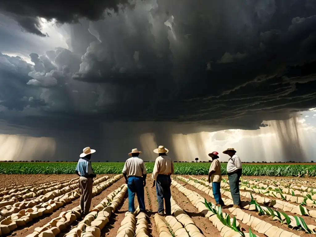 Grupo de agricultores en campo árido, enfrentando desafíos del cambio climático y discutiendo soluciones