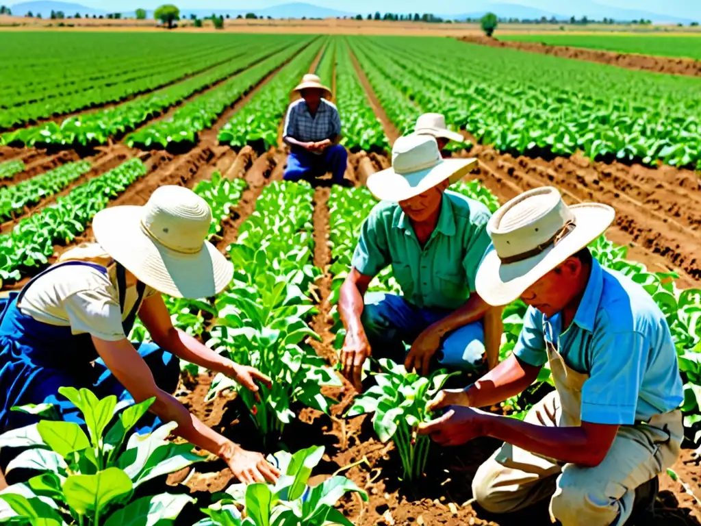 Grupo de agricultores trabajando en un campo verde, mostrando su dedicación a la agricultura resiliente al cambio climático