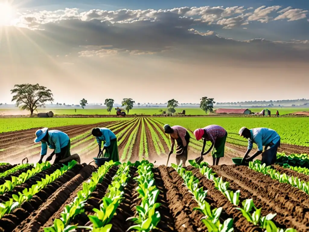 Un grupo de agricultores trabajando en campos verdes bajo el cielo azul, transmitiendo la dedicación en la agricultura resiliente al cambio climático