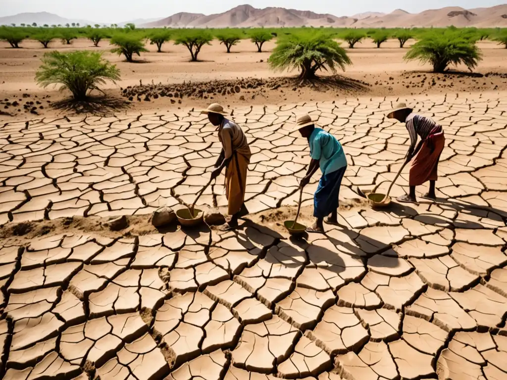 Un grupo de agricultores trabajando en cultivos en un paisaje árido y reseco, luchando contra la desertificación con estrategias sostenibles