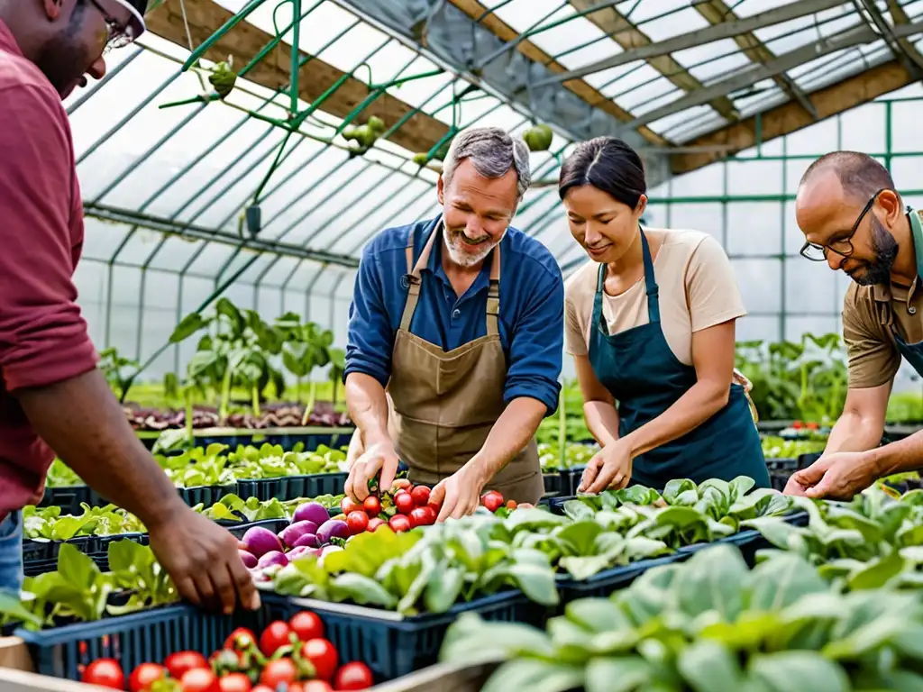 Un grupo de agricultores y empresarios diversos cuida de cultivos orgánicos en un invernadero