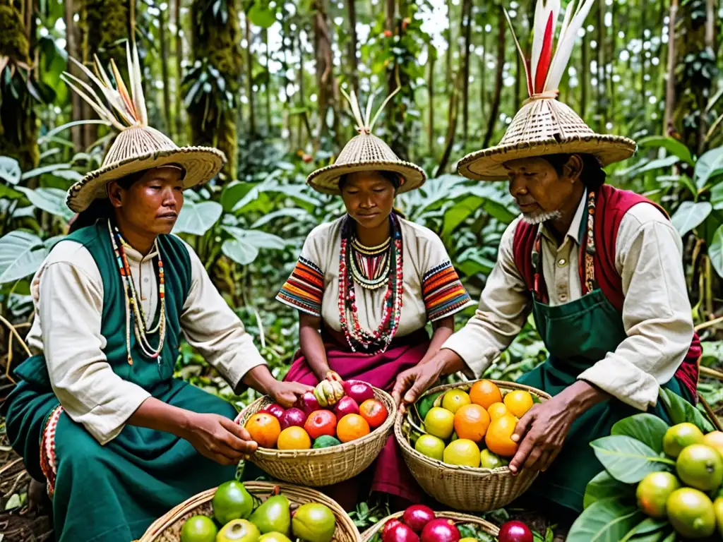 Grupo de agricultores indígenas cosechando frutas y verduras en la selva, mostrando prácticas sostenibles