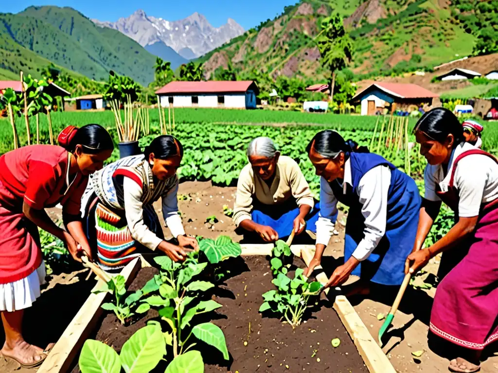 Campesinos indígenas cultivan juntos en comunidad Un grupo de agricultores indígenas trabaja juntos en un huerto comunitario, integrando innovación y prácticas tradicionales para la adaptación de comunidades locales al cambio climático