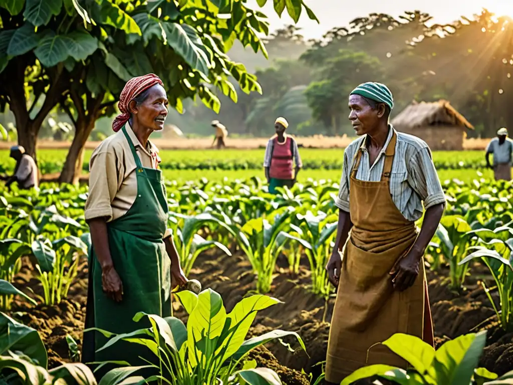 Grupo de agricultores locales en un campo exuberante, cultivando, cuidando y cosechando en armonía con la naturaleza