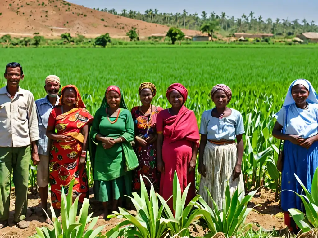 Un grupo de agricultores en un país en desarrollo practicando agricultura sostenible con un fondo verde para el financiamiento del clima