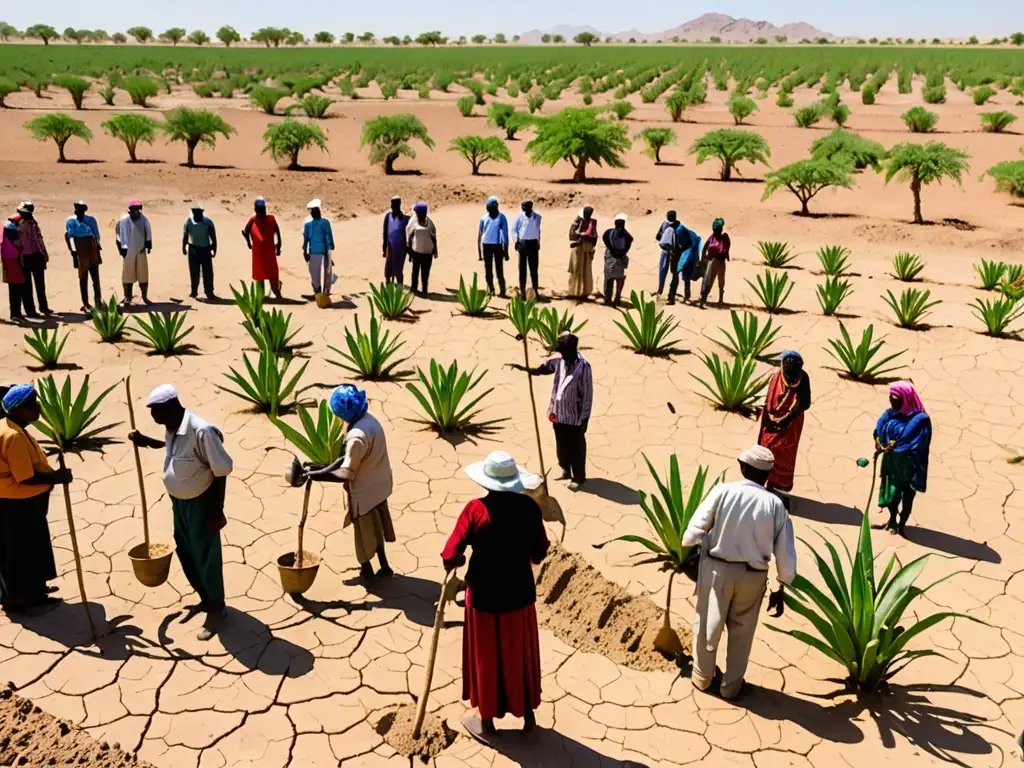 Un grupo de agricultores en un paisaje árido y seco trabajando juntos para plantar cultivos resistentes a la sequía de manera planificada y organizada