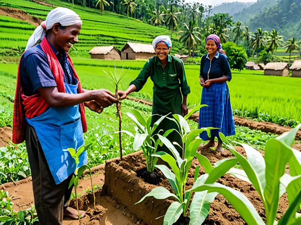 Un grupo de agricultores de pequeña escala en una aldea rural plantando árboles como parte de un proyecto de compensación de carbono