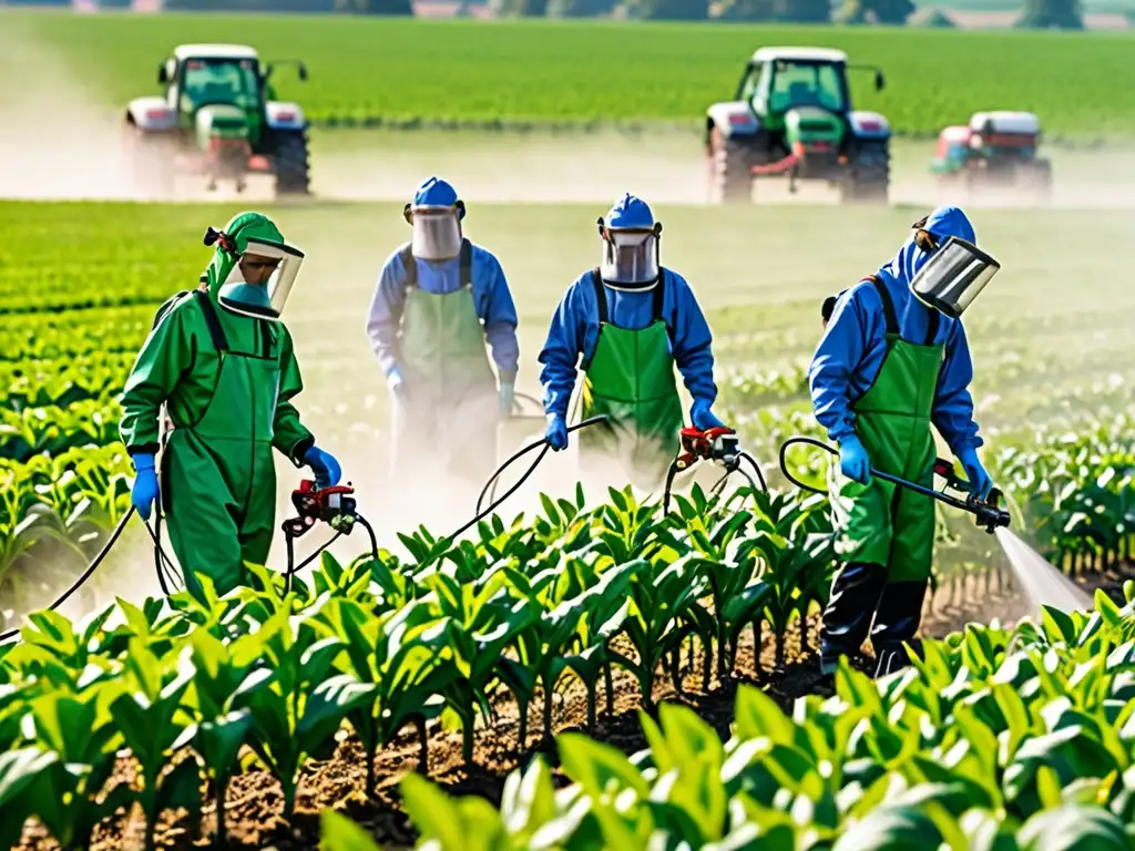 Grupo de agricultores aplicando pesticidas en un campo verde, destacando la regulación internacional de plaguicidas agrícolas