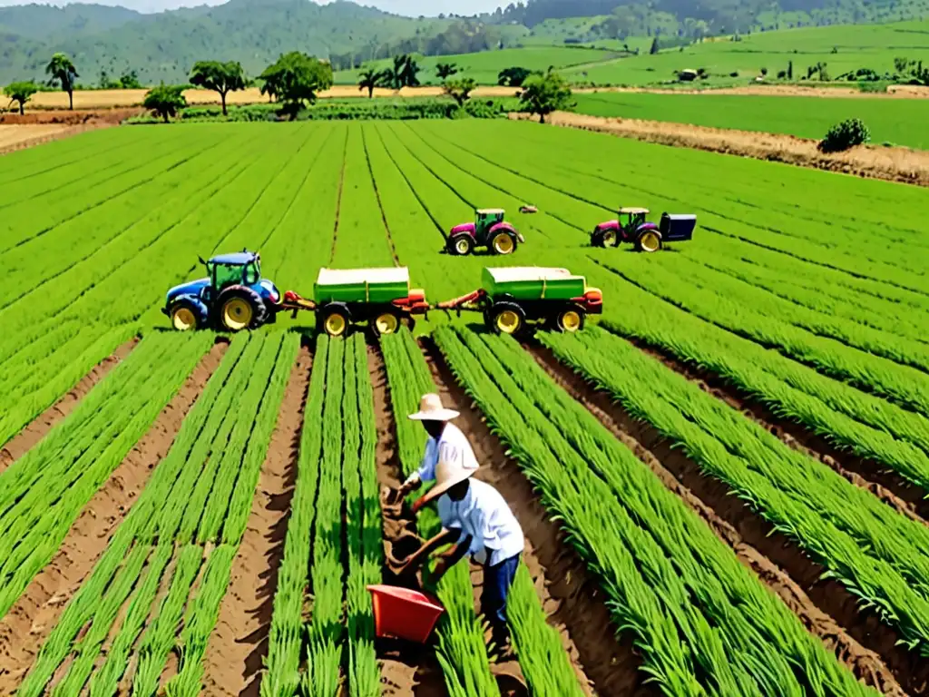 Prácticas agrícolas sostenibles: tecnología avanzada y conservación ambiental Un grupo de agricultores implementa soluciones sostenibles para emisiones agrícolas en un campo verde exuberante, mostrando armonía entre agricultura y naturaleza