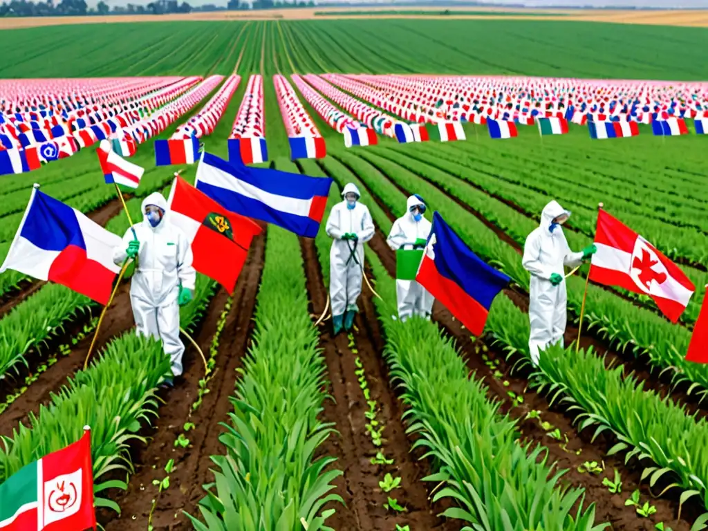 Grupo de agricultores en trajes protectores rociando cultivos en un extenso campo, con banderas internacionales de fondo