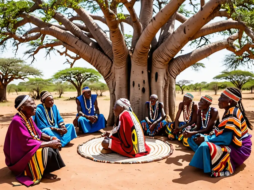 Grupo de ancianos indígenas africanos conversan bajo baobab, reflejando sabiduría y tradición, en atmósfera de respeto y conexión a la tierra