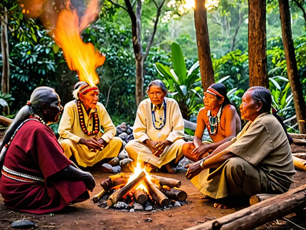 Grupo de ancianos indígenas discuten legislación ambiental en África, iluminados por la cálida luz de la fogata en un entorno natural sereno