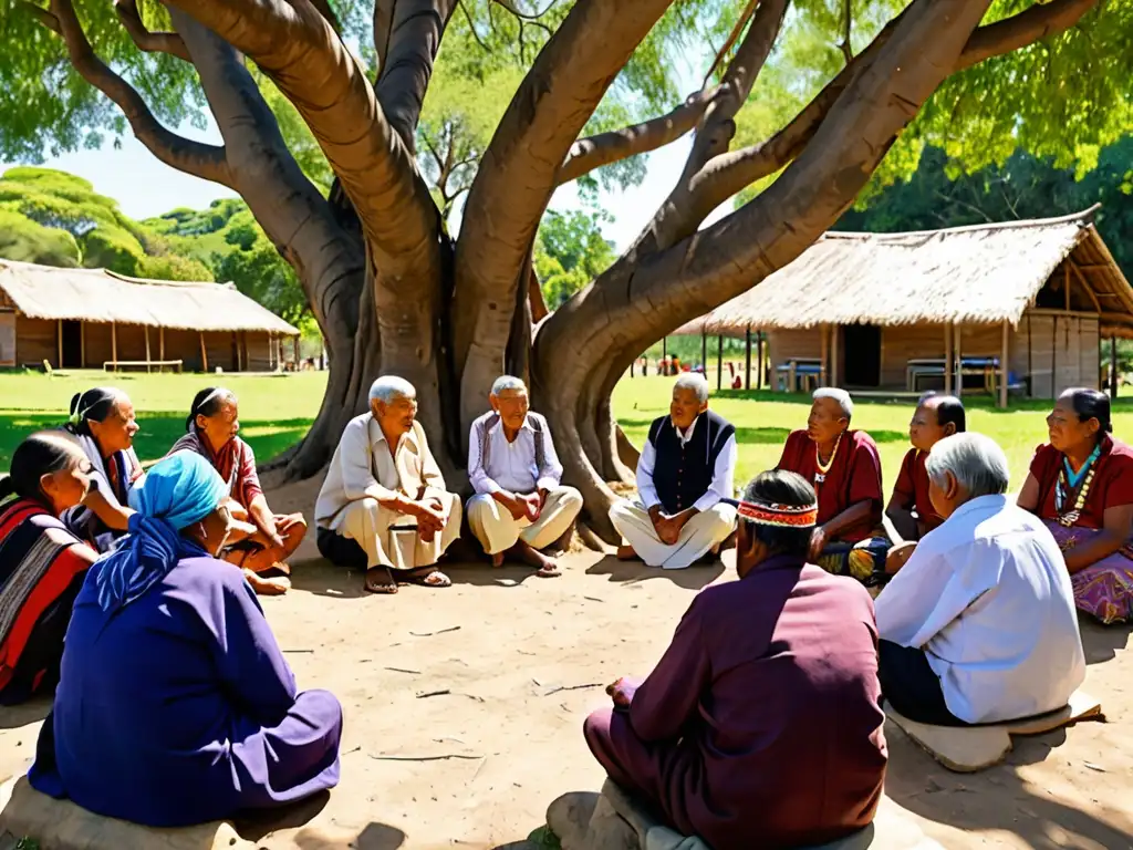 Grupo de ancianos indígenas discutiendo bajo un árbol en África, en armonía con la naturaleza y su cultura