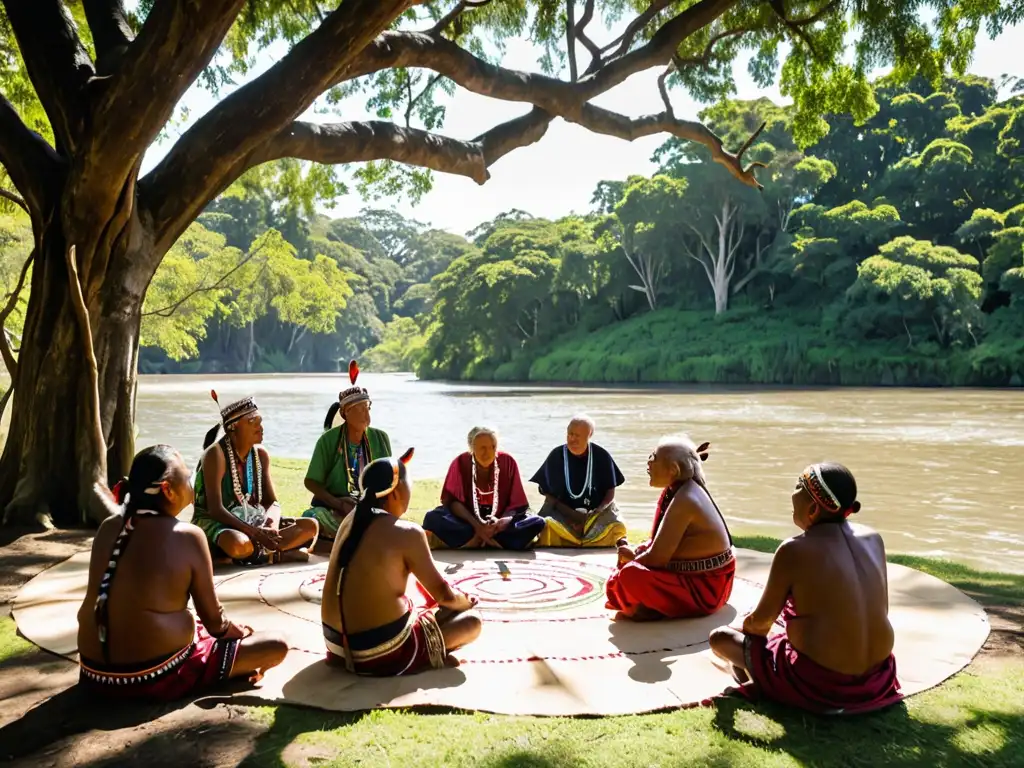 Un grupo de ancianos indígenas discute bajo un árbol, rodeados de exuberante vegetación y un río