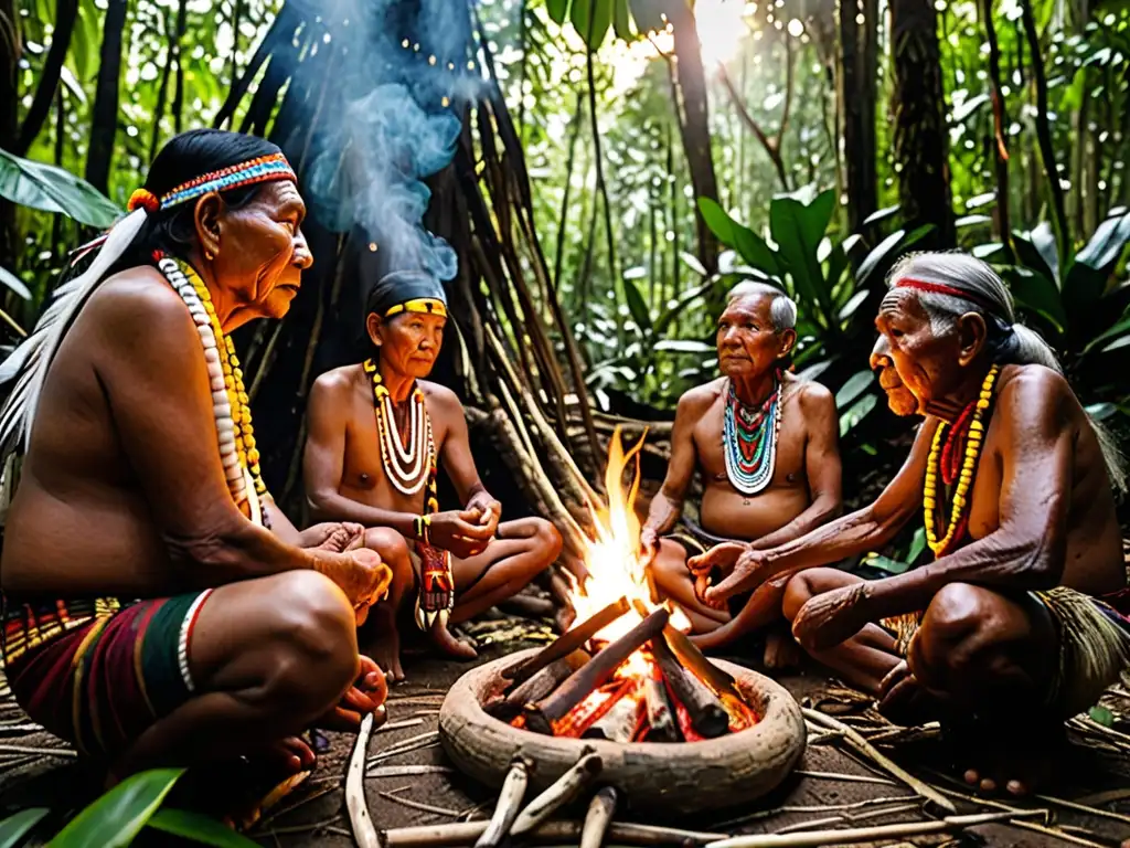 Grupo de ancianos indígenas en ceremonia alrededor del fuego sagrado, con la selva exuberante de fondo