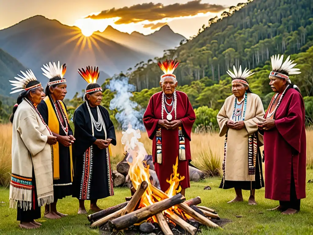 Grupo de ancianos indígenas realiza ceremonia de bendición al aire libre, integración visiones indígenas gestión ambiental