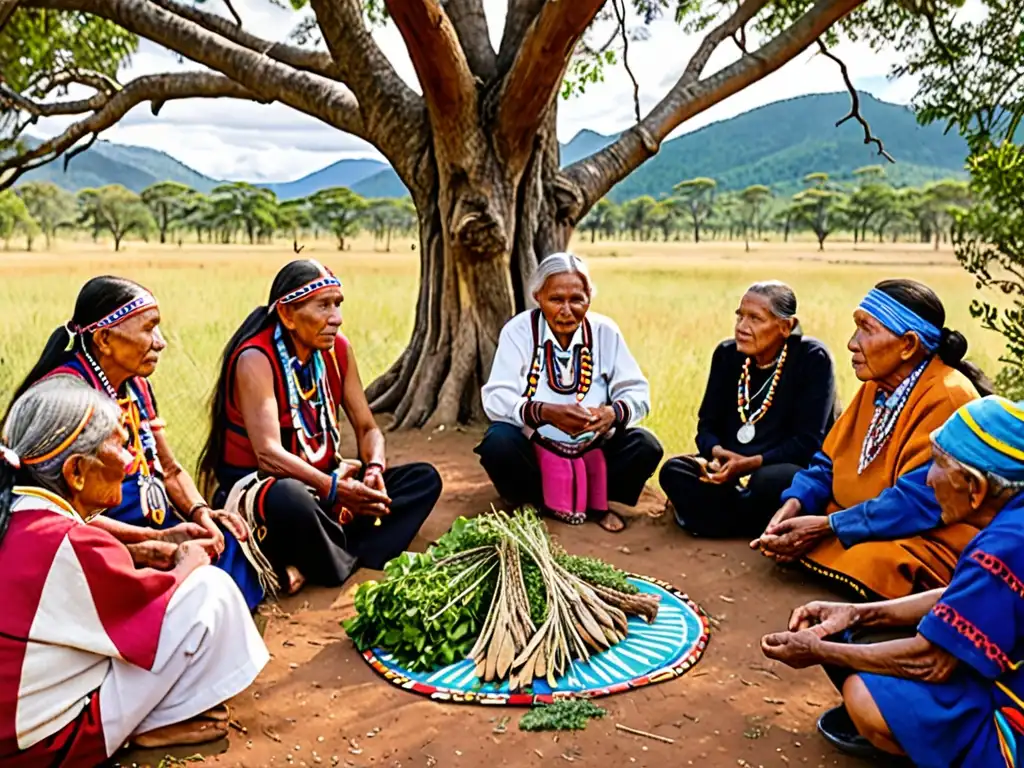 Conversación ancestral sobre preservación del conocimiento indígena Grupo de ancianos indígenas conversando y preservando conocimientos ancestrales, rodeados de naturaleza exuberante